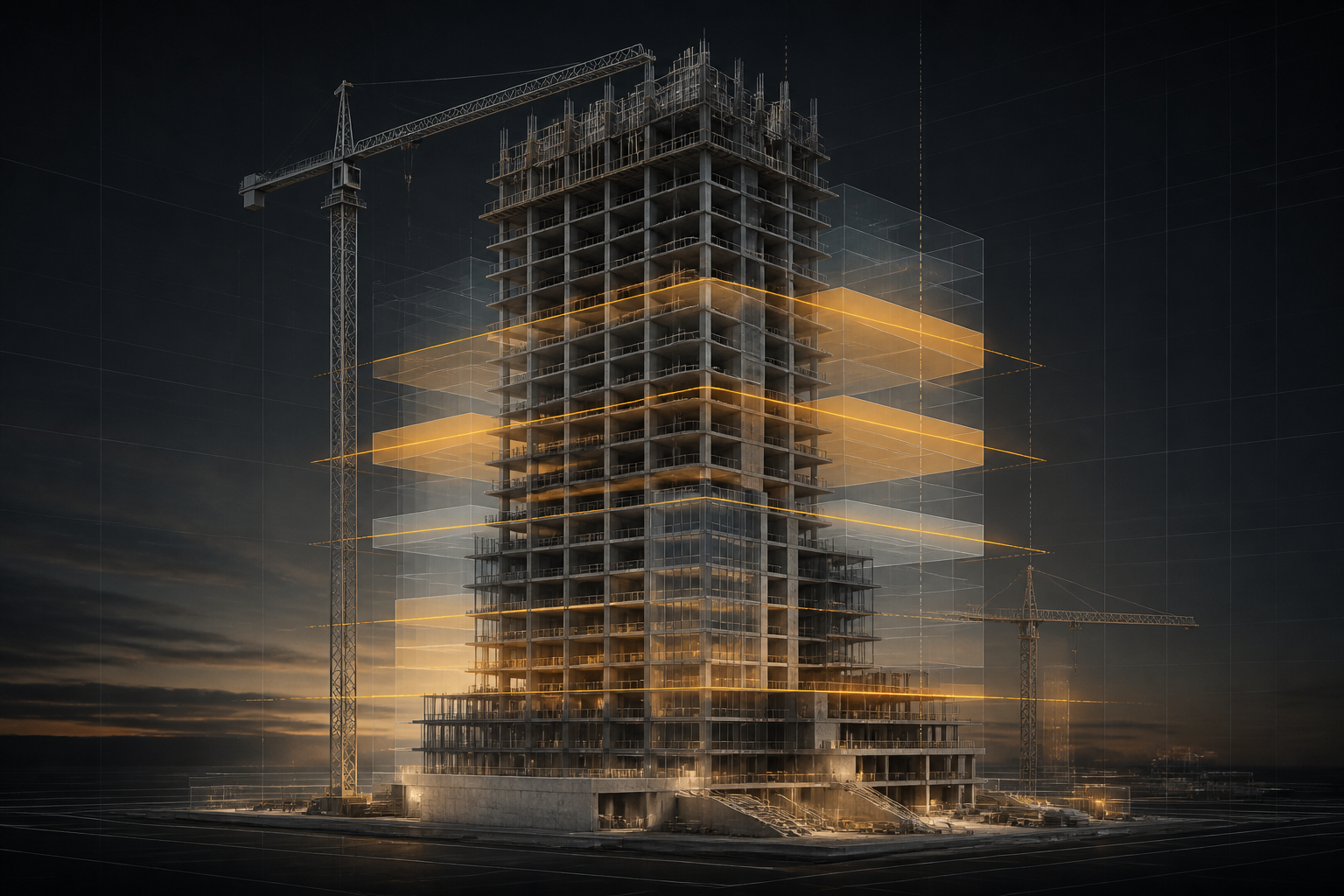 High-rise construction sequence with amber phase overlays
