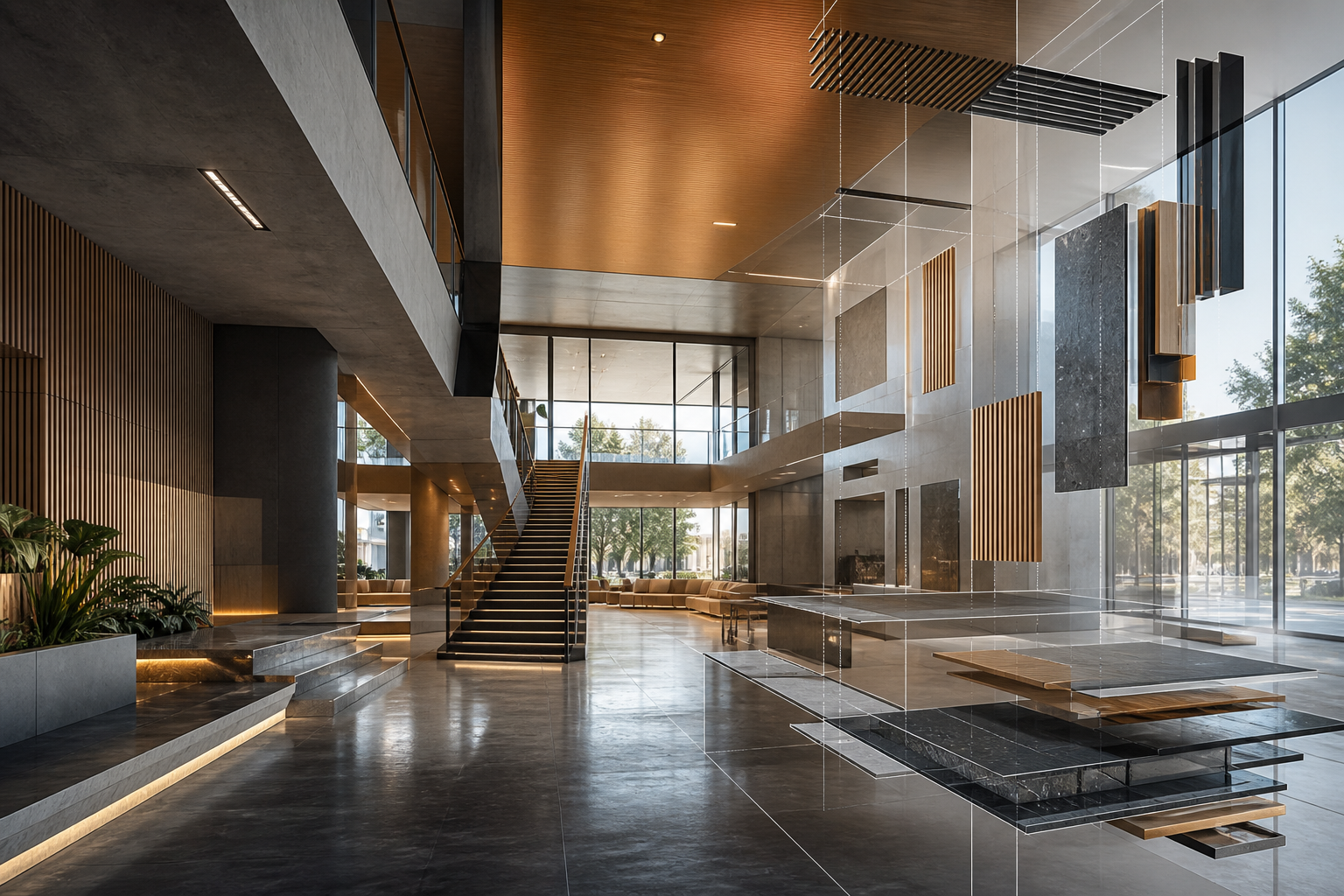 Contemporary interior walkthrough with phased finish overlays