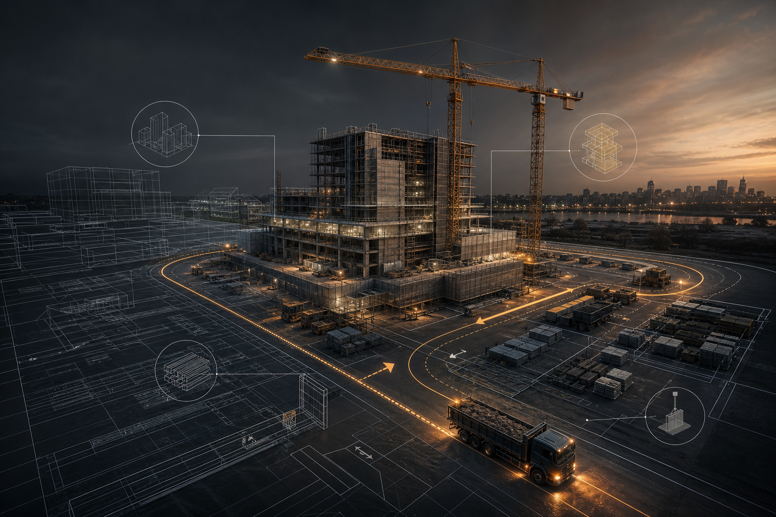Construction logistics plan with delivery routes and staging areas